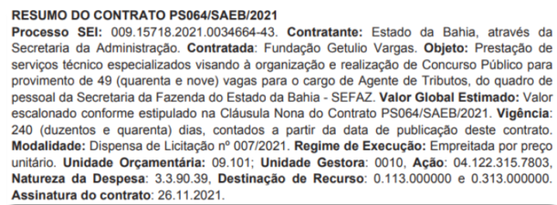 SAIU Resumo De Contrato Do Concurso Sefaz BA Edital Iminente