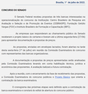 Concurso Senado três bancas enviam propostas Confira