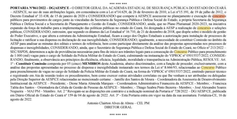 Concurso PM CE tem comissão formada para analisar propostas