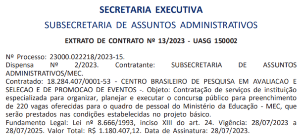 Concurso MEC Extrato De Contrato Publicado Edital Iminente