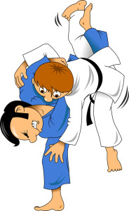 Two judo wrestler in a red and white sports uniforms;