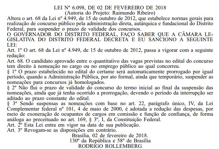 Transcrição da lei número 6098 dos concursos DF.