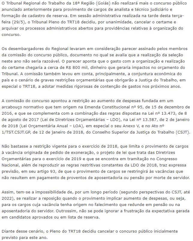 Concurso TRT GO: nota sobre o cancelamento do concurso