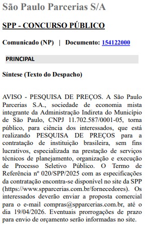 Concurso SP Parcerias: novo edital em breve?