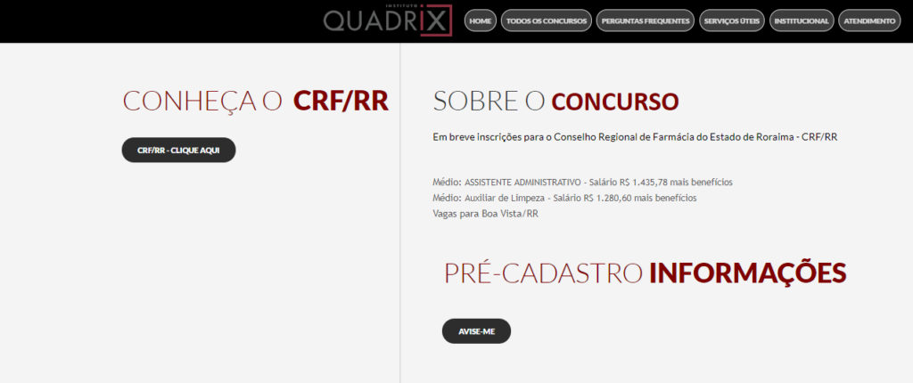 Confira a página criada para o concurso CRF RR no site do Quadrix: