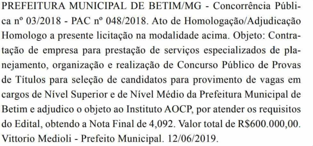 Confira a integra da homologação do concurso ISS Betim: