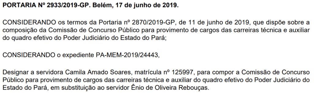 Documento confirma a alteração na comissão organizadora do certame.