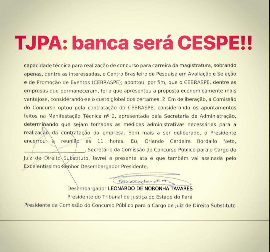 Confira abaixo a oficialização do Cespe/Cebraspe como banca organizadora do concurso