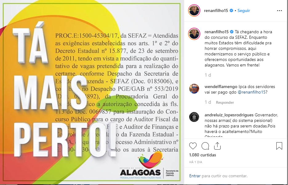 Confira abaixo a postagem do Governador de Alagoas, Renan Filho, sobre a autorização de publicação do edital do certame