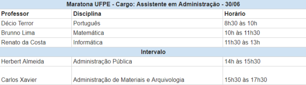 Cronograma de aulas concurso UFPE