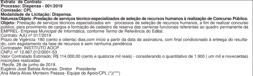 Confira abaixo o contrato que oficializa o Instituto AOCP como banca do certame