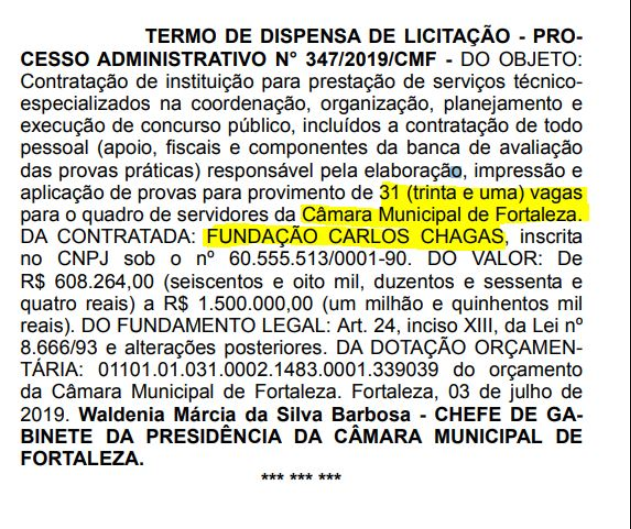 Confira abaixo a confirmação da FCC como banca organizadora do certame