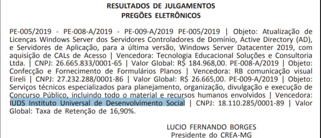 Abaixo você confere o documento que revela a empresa que irá organizar o concurso CREA MG