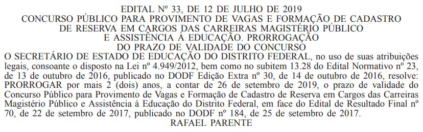 Concurso SEDF prorrogado até 2020
