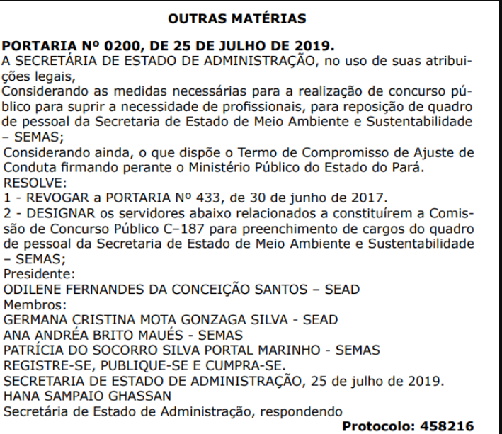 Portaria que designa os membros para constituir a Comissão do concurso Semas PA