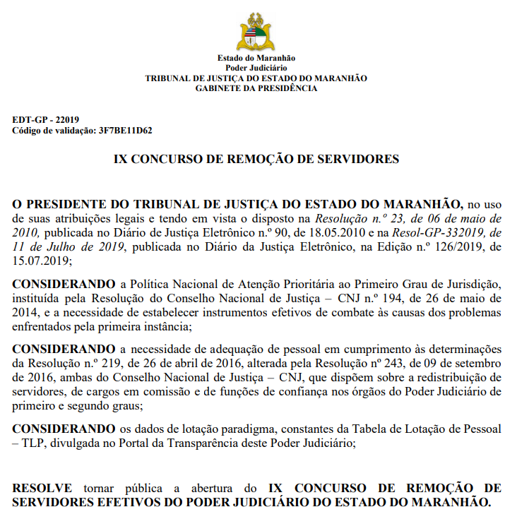 Edital de remoção do Tribunal de Justiça do Maranhão