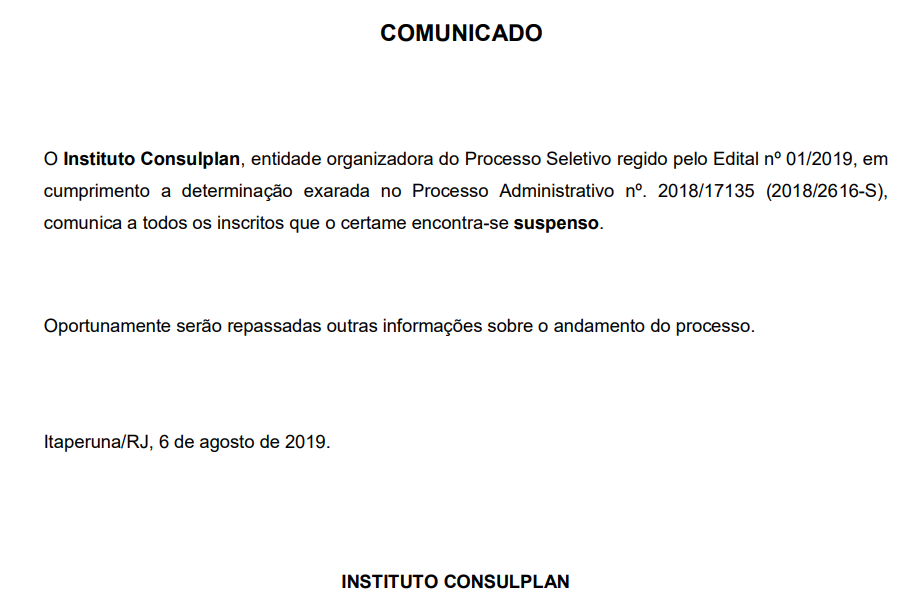 Comunicado da banca Instituto Consulplan suspendendo o concurso Prefeitura de Itaperuna