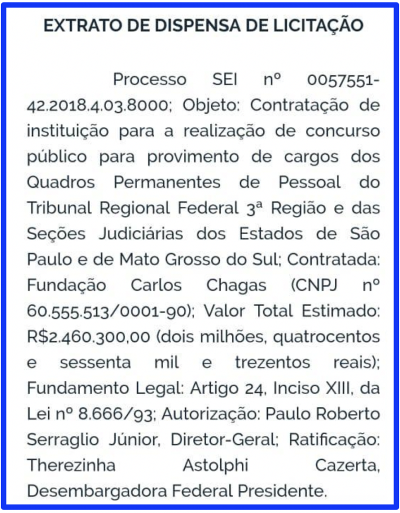 Concurso TRF 3: Extrato de dispensa de licitação