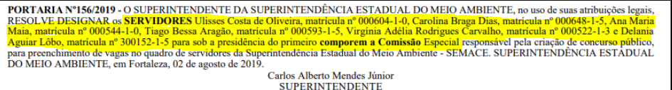 Portaria que designa os membros da comissão especial do concurso SEMACE.