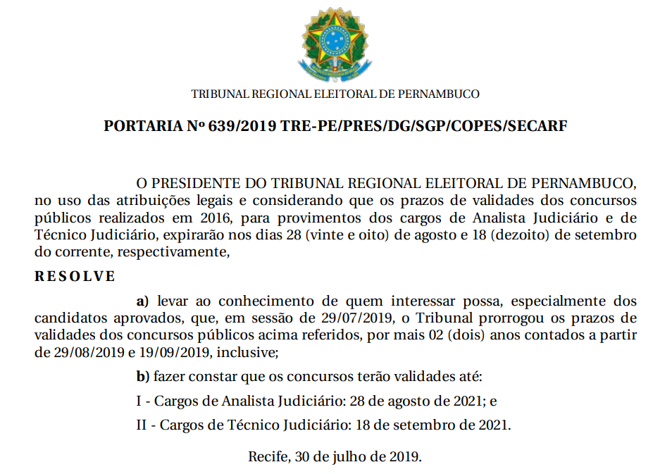 Portaria prorrogando os prazos de validades do concurso TRE PE para Analista e Técnico.