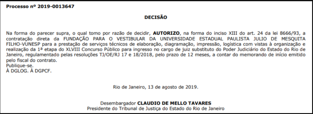 Confira abaixo o documento que revela a VUNESP como banca do certame