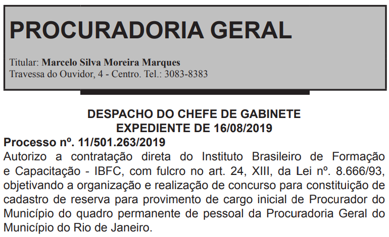 Contratação do IBFC para organizar o próximo concurso da Procuradoria Geral do Município do Rio de Janeiro