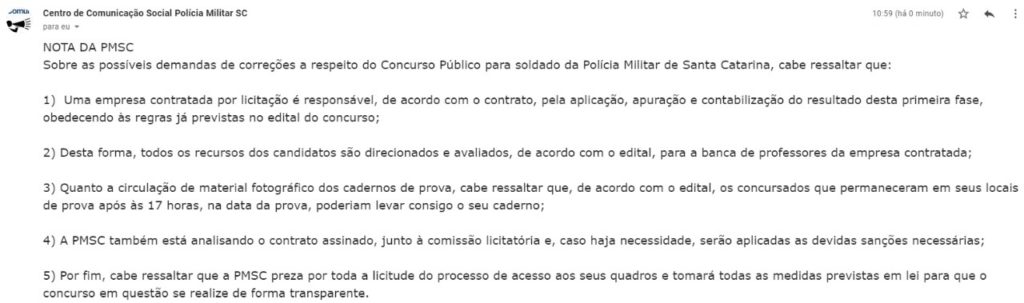 Concurso PM SC: nota da corporação sobre o certame.