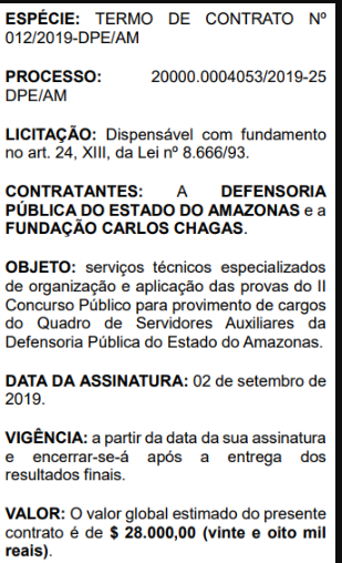 Abaixo você confere o extrato do contrato que revela a FCC como banca do certame