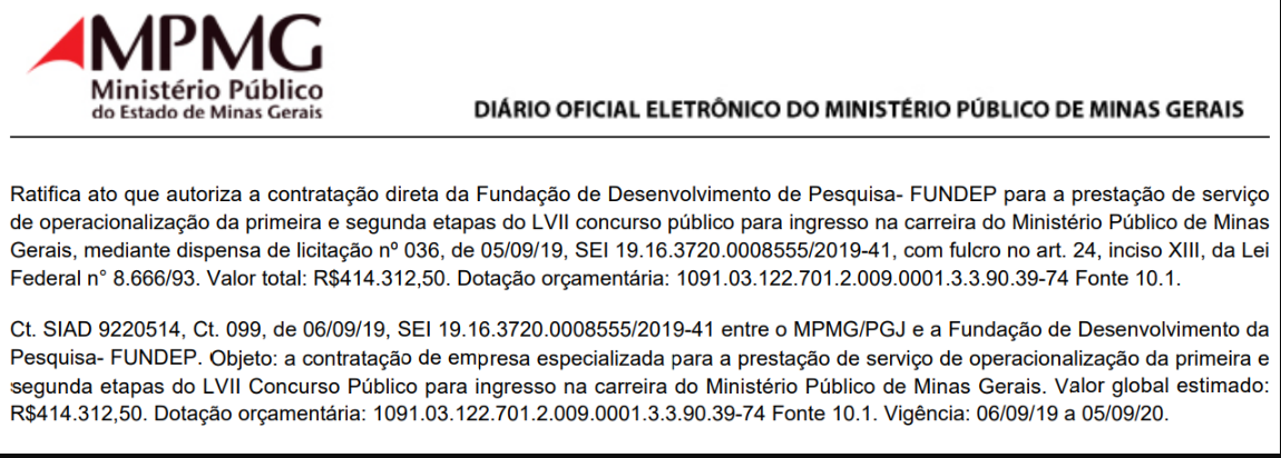 Abaixo você confere o documento que revela a FUNDEP como banca do certame