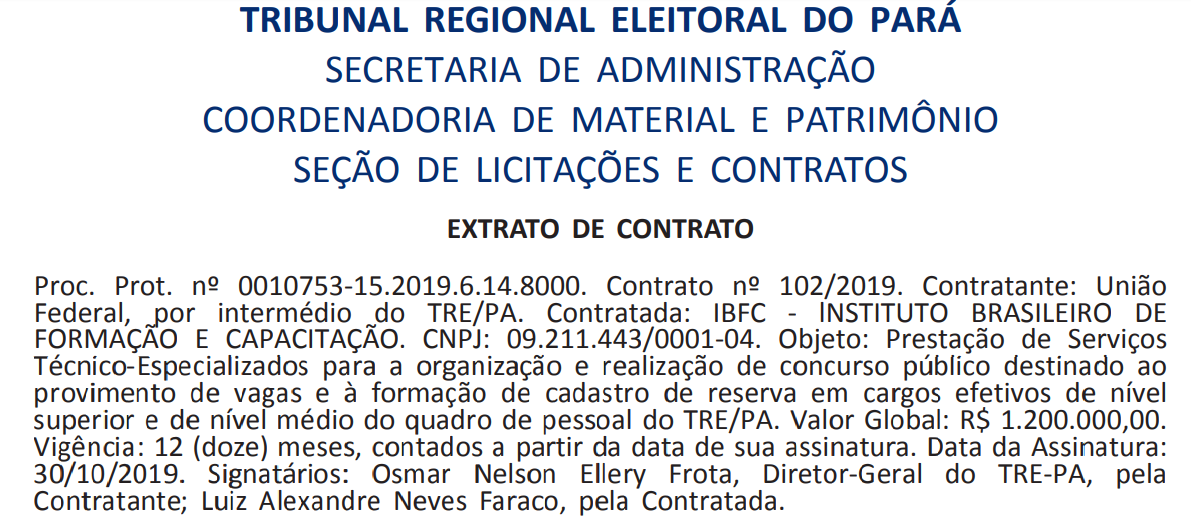 Concurso TRE PA: extrato de contrato com a banca.