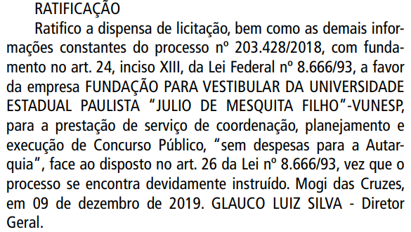 Concurso SEMAE Mogi das Cruzes: ratificação de dispensa de licitação