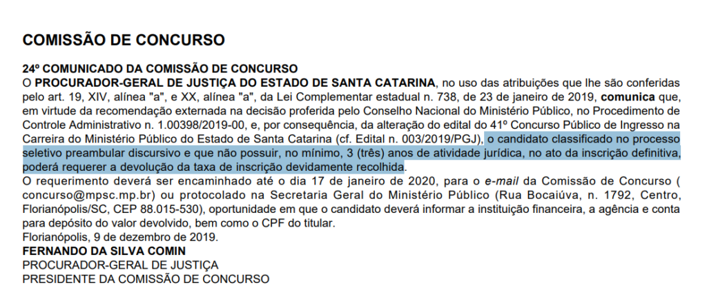 Concurso MP SC Promotor: comunicado da comissão do certame.