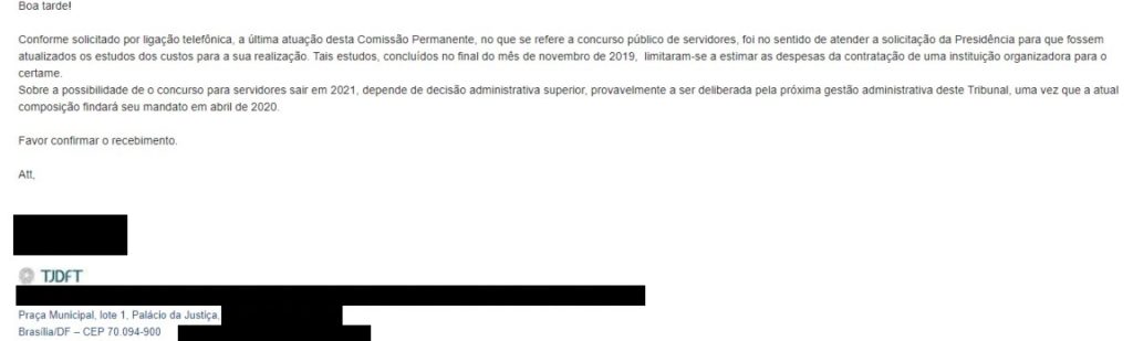 Resposta do órgão sobre o concurso TJDFT
