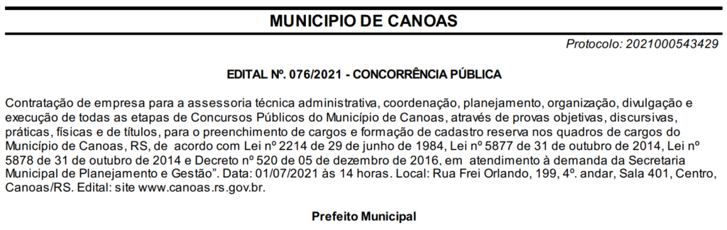 Processo de licitação concurso público Canoas RS.