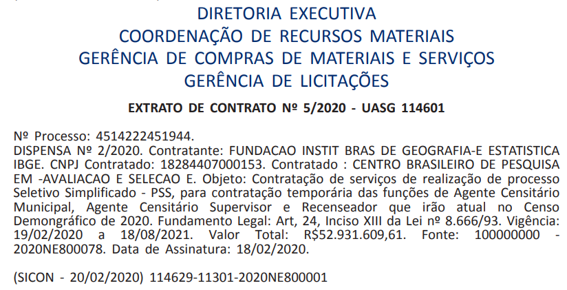 Extrato de Contrato com o Cebraspe para organizar o concurso IBGE para mais de 200 mil vagas