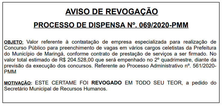 Aviso de Revogação do concurso Maringá para quadro Geral