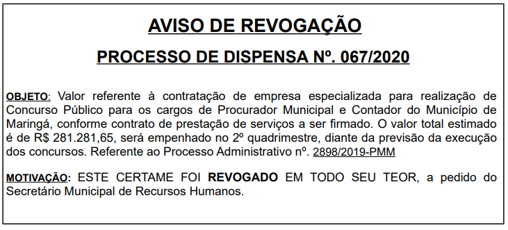 Aviso de Revogação do concurso Maringá para Procurador e Contador