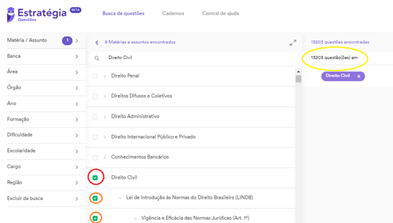 Selecionando assuntos no SQ