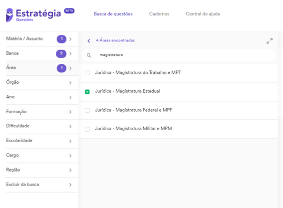 Selecionando área no filtro de Áreas
