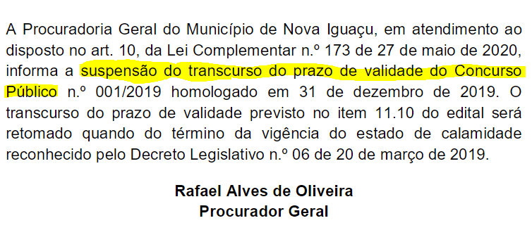 PGM Nova Iguaçu suspende prazo de validade do certame.
