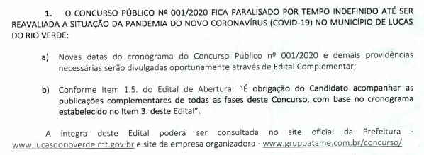 Concurso da Prefeitura de Lucas do Rio verde é suspenso por tempo indefinido