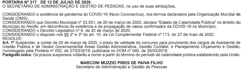 Concurso Prefeitura de Recife Validade Suspensa