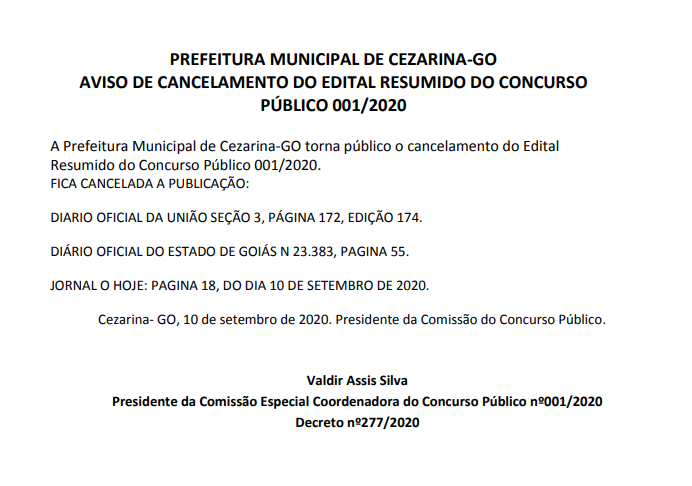 Prefeitura de Cezarina (cancelamento)