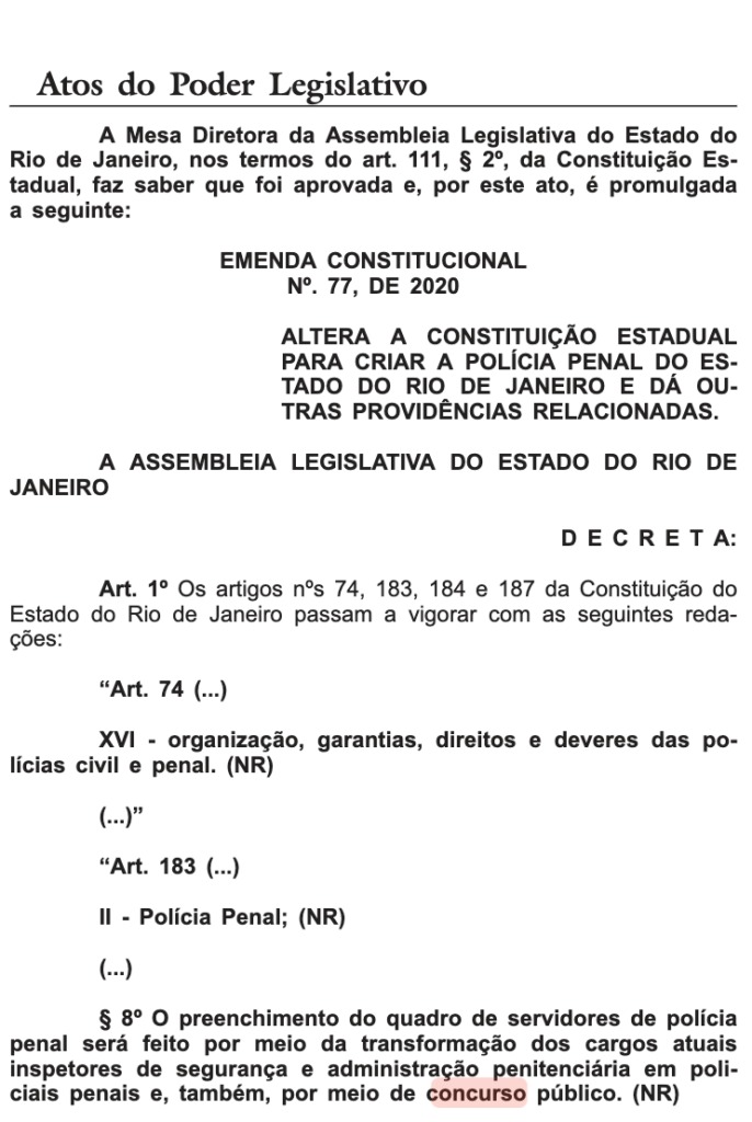 Documento da PEC que aprova a criação da Polícia Penal no Rio de Janeiro.