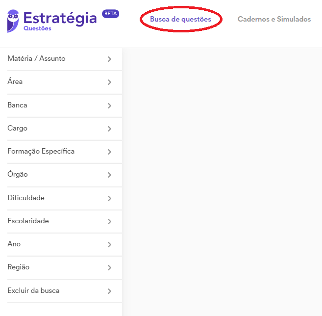 Abas da tela "Busca de questões"