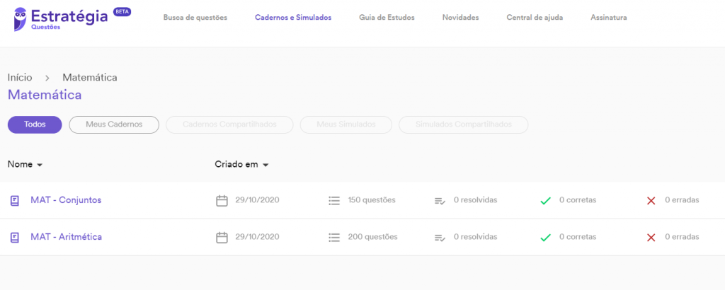 Visualização dos cadernos nas pastas