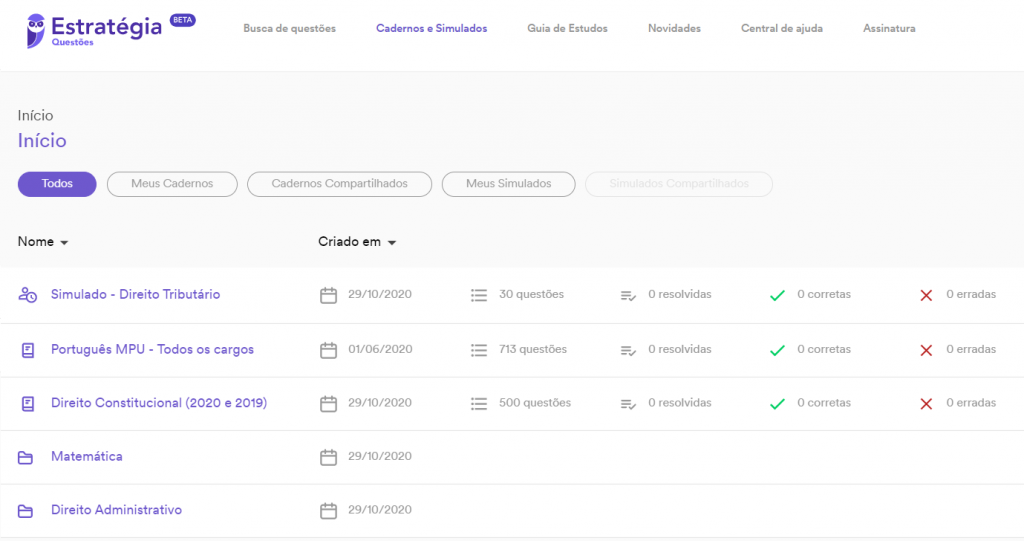 Aba "Cadernos e Simulados"