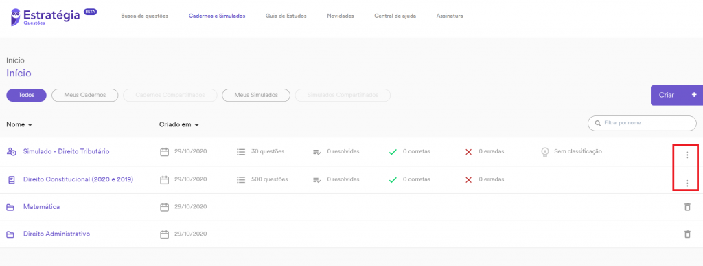 Opções referentes a cadernos e simulados