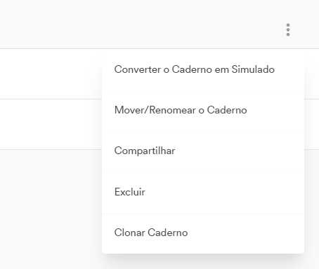 Opções detalhadas dos cadernos
