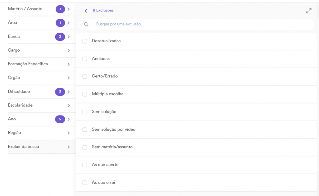 Filtros de exclusão do SQ